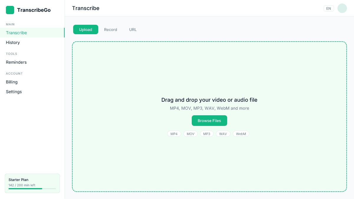 TranscribeGo upload interface with drag and drop zone for video files