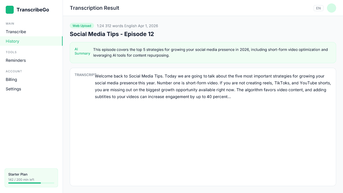 TranscribeGo showing a completed transcript with timestamps and text