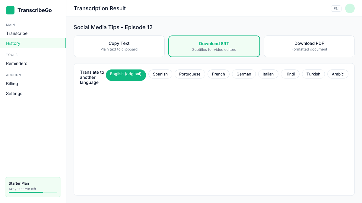TranscribeGo export options showing SRT download, copy text, and translation features