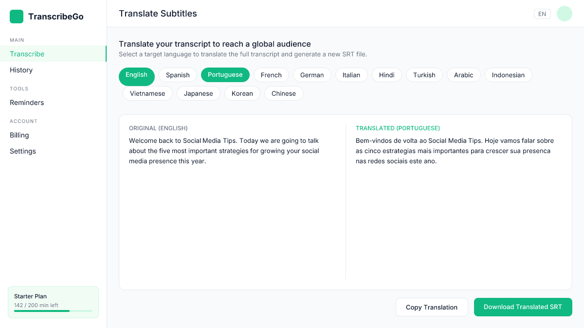 TranscribeGo translation interface showing language options for subtitle translation