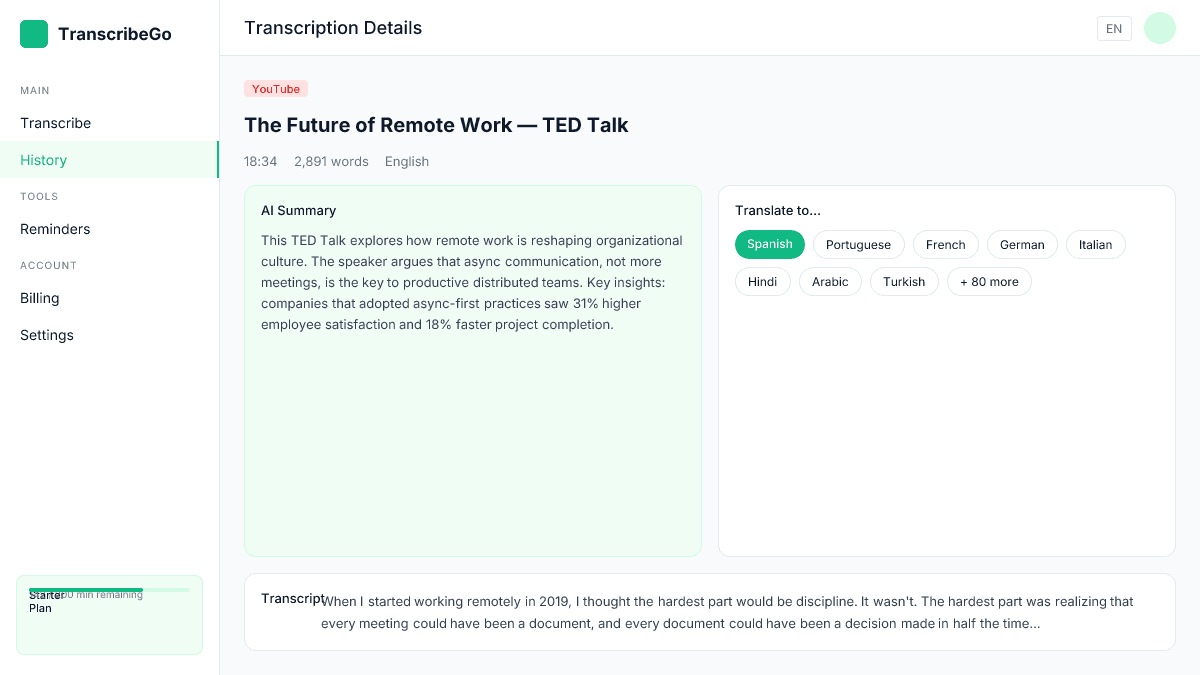 TranscribeGo AI summary and transcript view showing key points extracted from a meeting