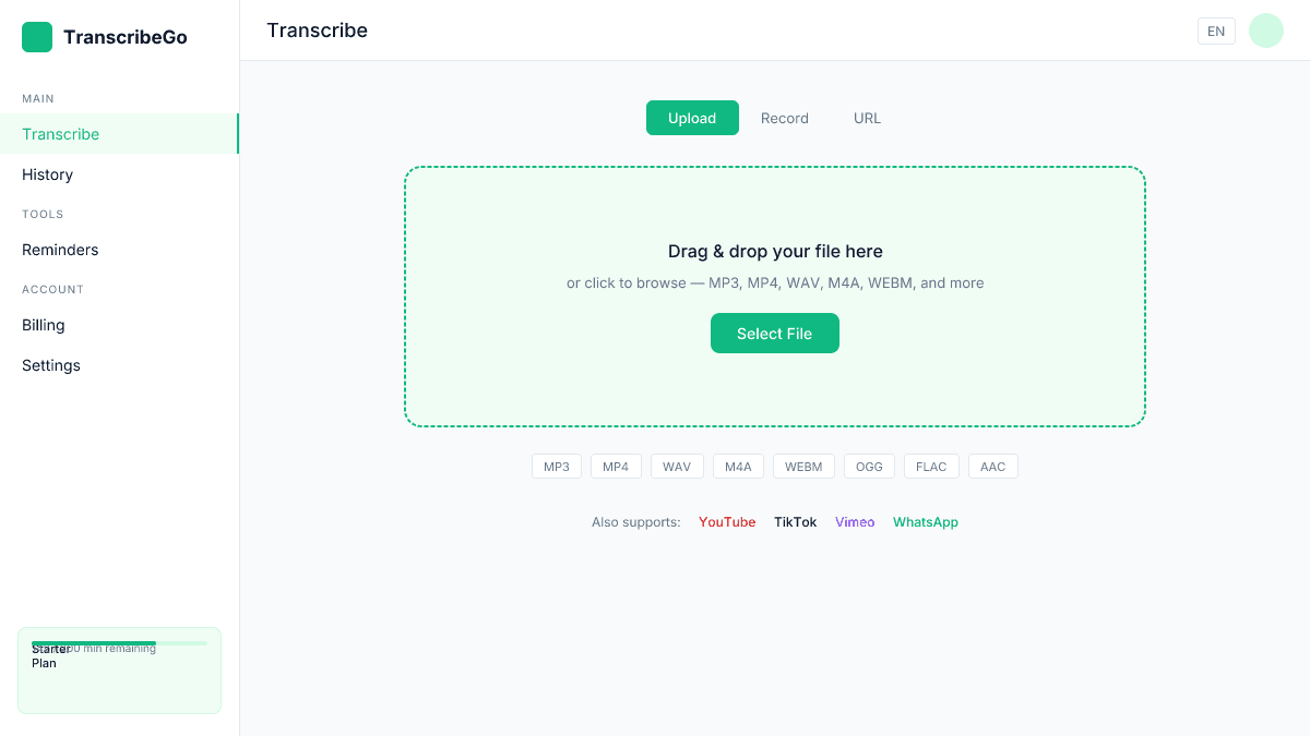 TranscribeGo upload interface showing drag-and-drop zone with supported format badges