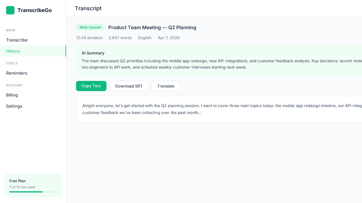 TranscribeGo transcript result showing AI summary and export options