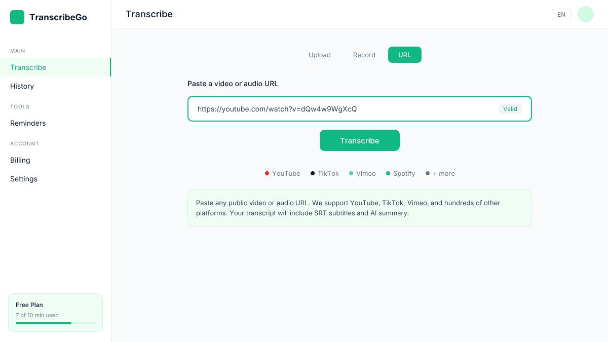 TranscribeGo URL transcription interface showing YouTube and TikTok support