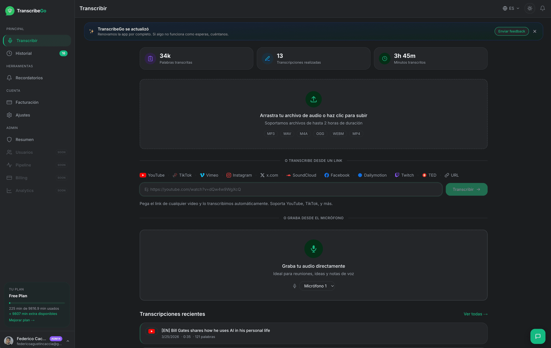 TranscribeGo main screen with the drag-and-drop upload area