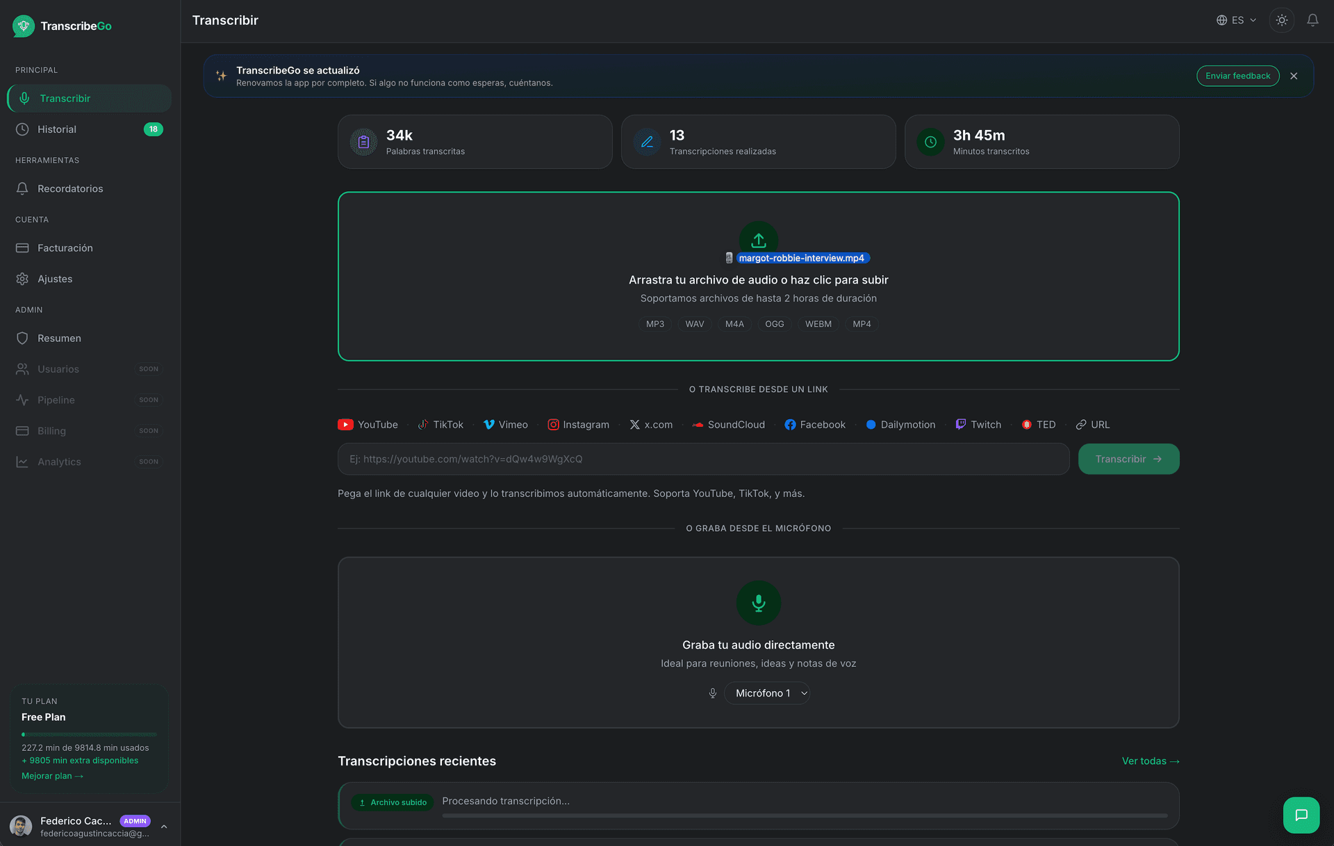 Video file being dragged onto the TranscribeGo upload zone