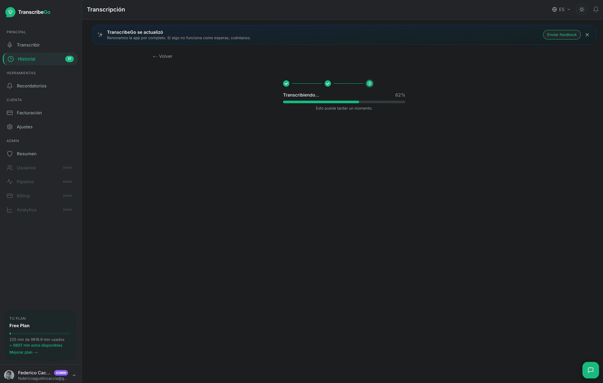 TranscribeGo processing a video transcription