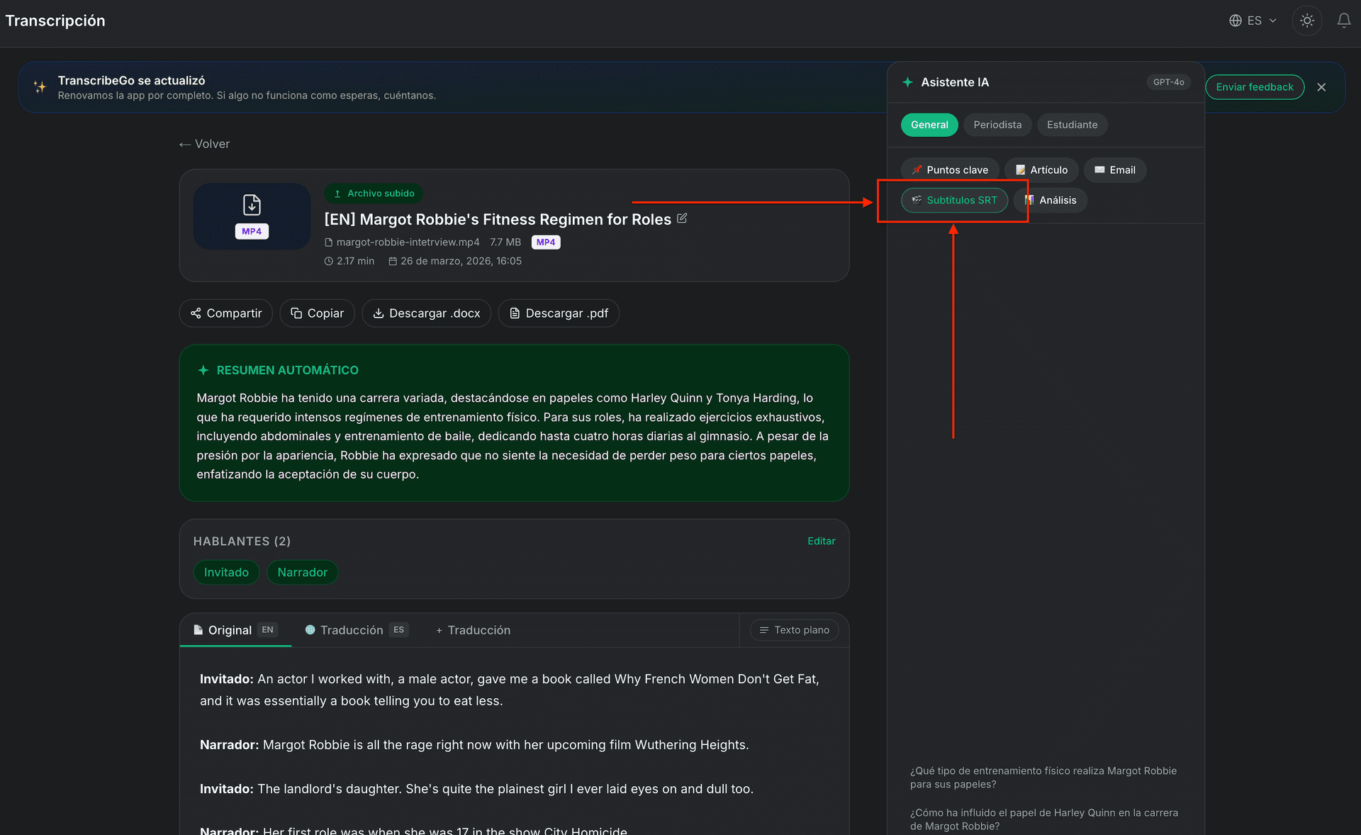 Completed transcription with Download SRT button visible