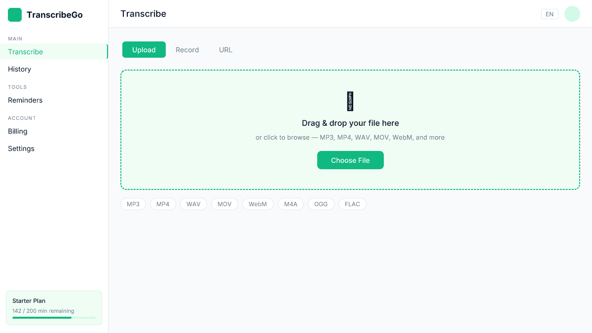 TranscribeGo upload interface showing drag-and-drop zone for video files