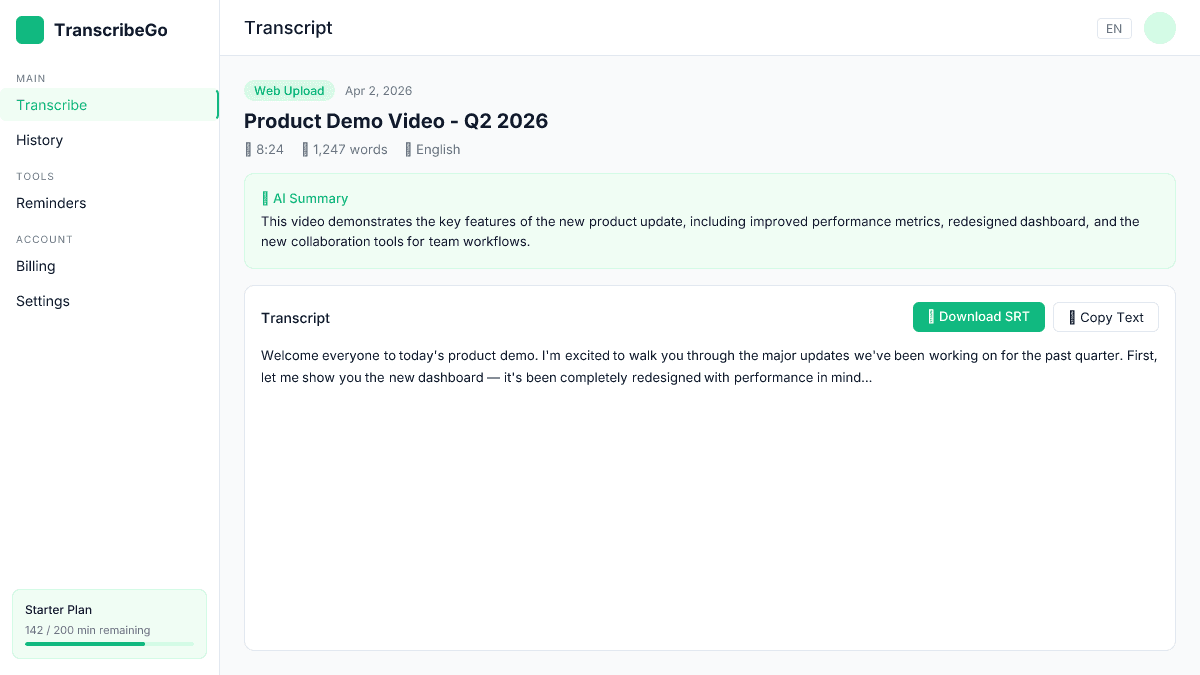 TranscribeGo transcript result showing the download SRT button and transcript preview