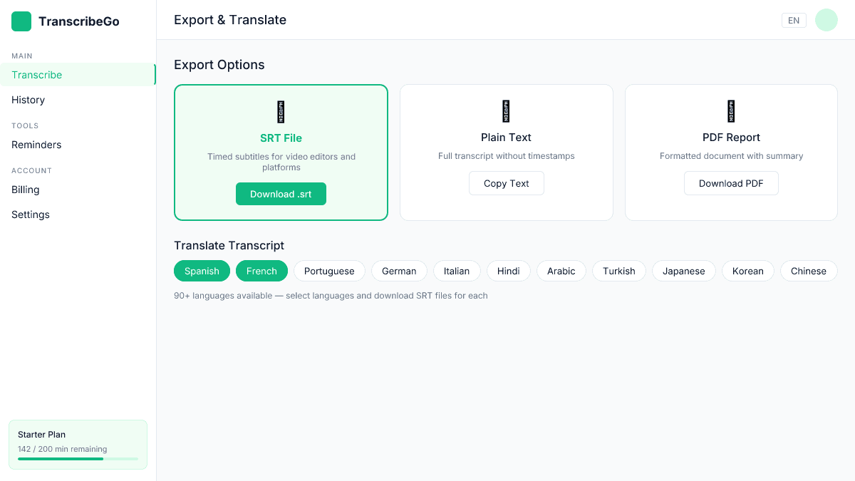 TranscribeGo export options showing SRT download, copy text, and translation features