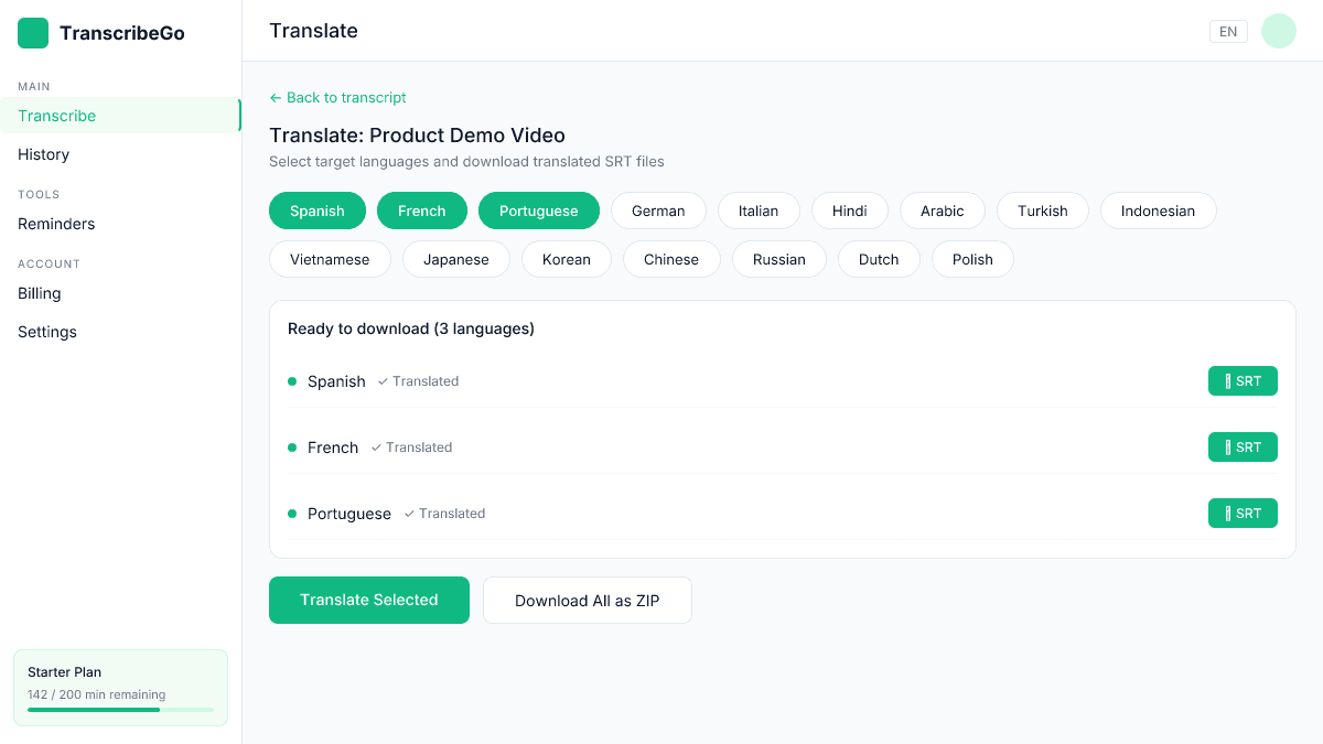 TranscribeGo translation interface showing language selection chips for translating a transcript