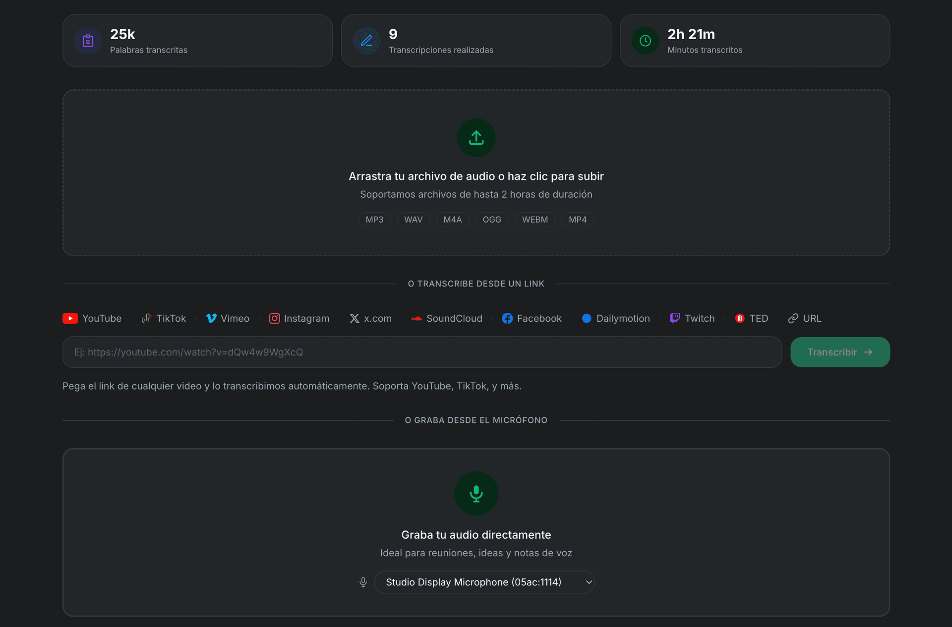 TranscribeGo upload interface with drag-and-drop area for audio files