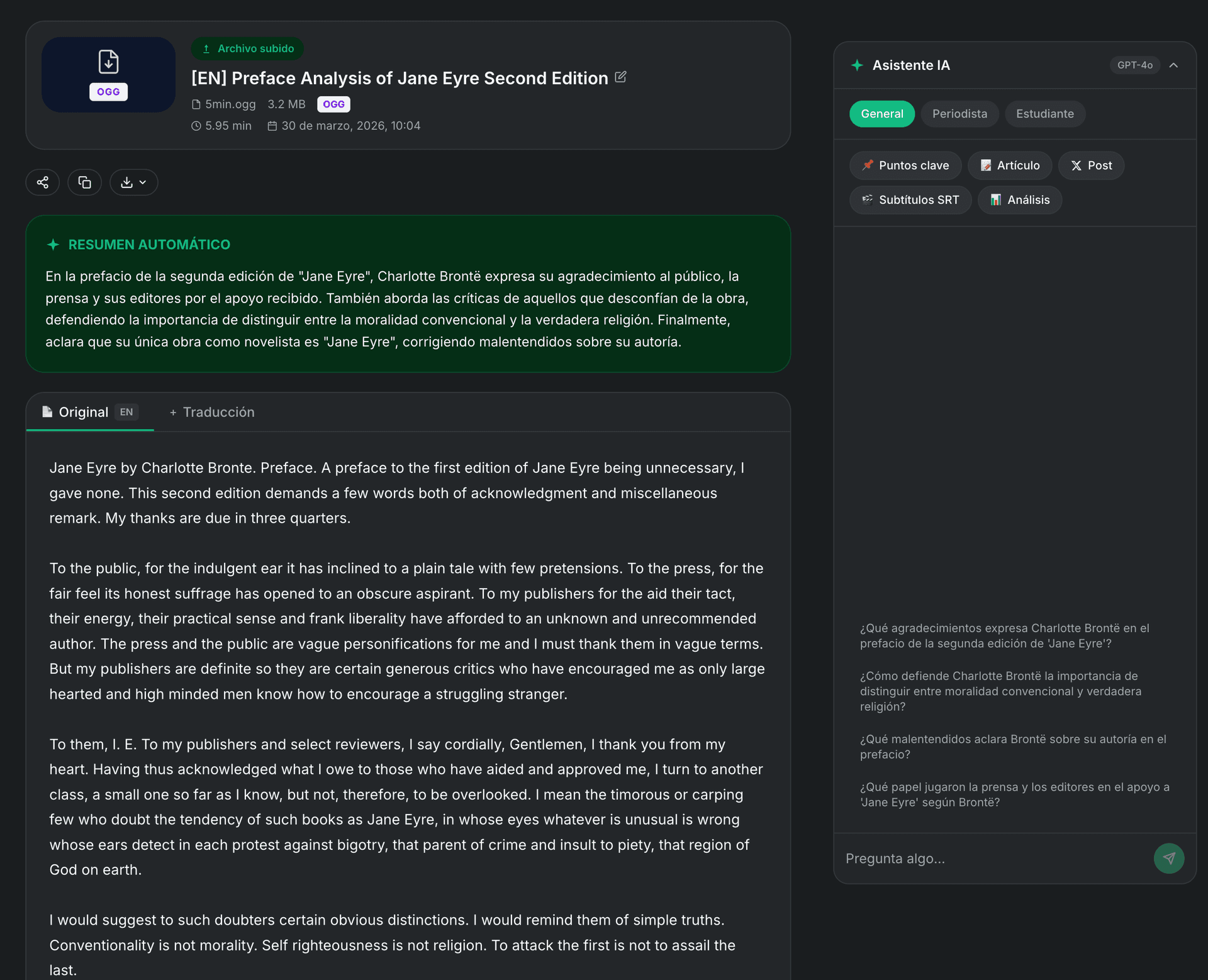 TranscribeGo result page showing a completed audio transcription with AI summary and metadata