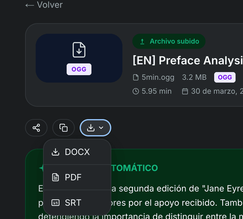 TranscribeGo export options showing copy, SRT download, and translate buttons