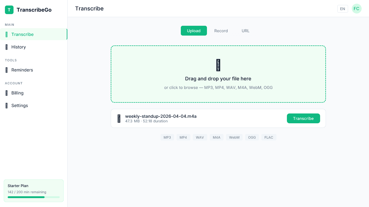 TranscribeGo upload interface showing drag-and-drop zone for meeting recordings