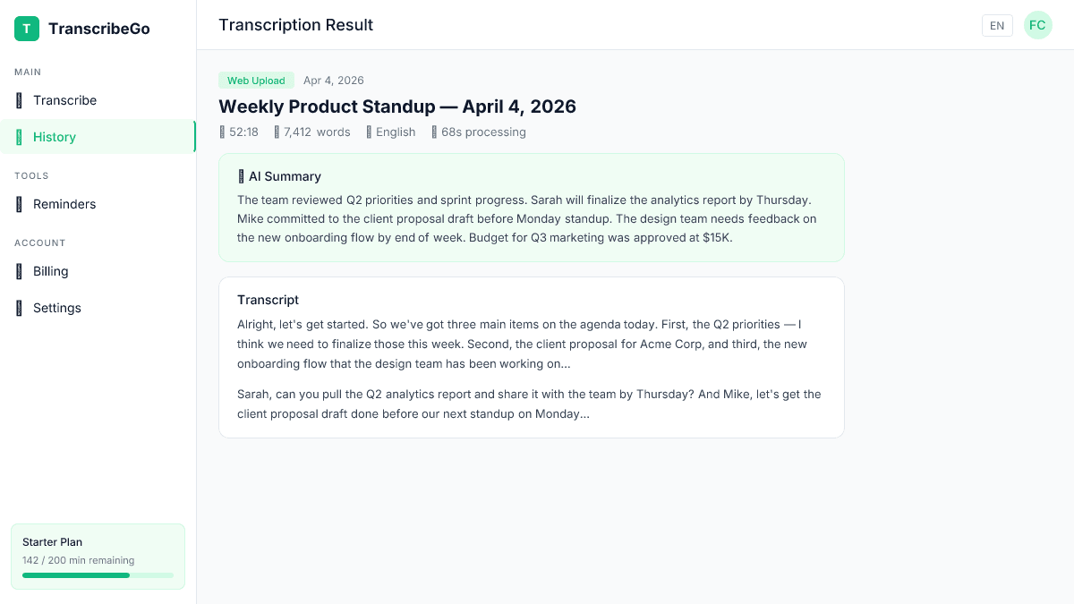 TranscribeGo transcript result showing AI summary and full meeting text