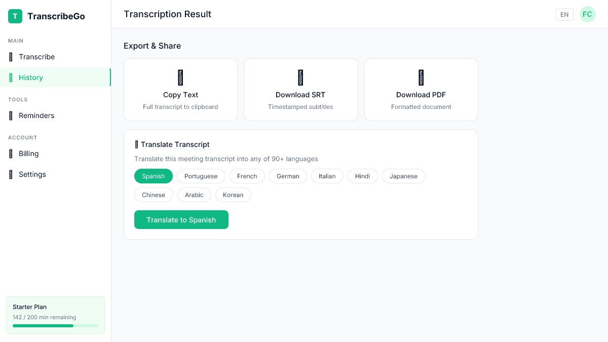 TranscribeGo export options showing copy, SRT download, and translation features
