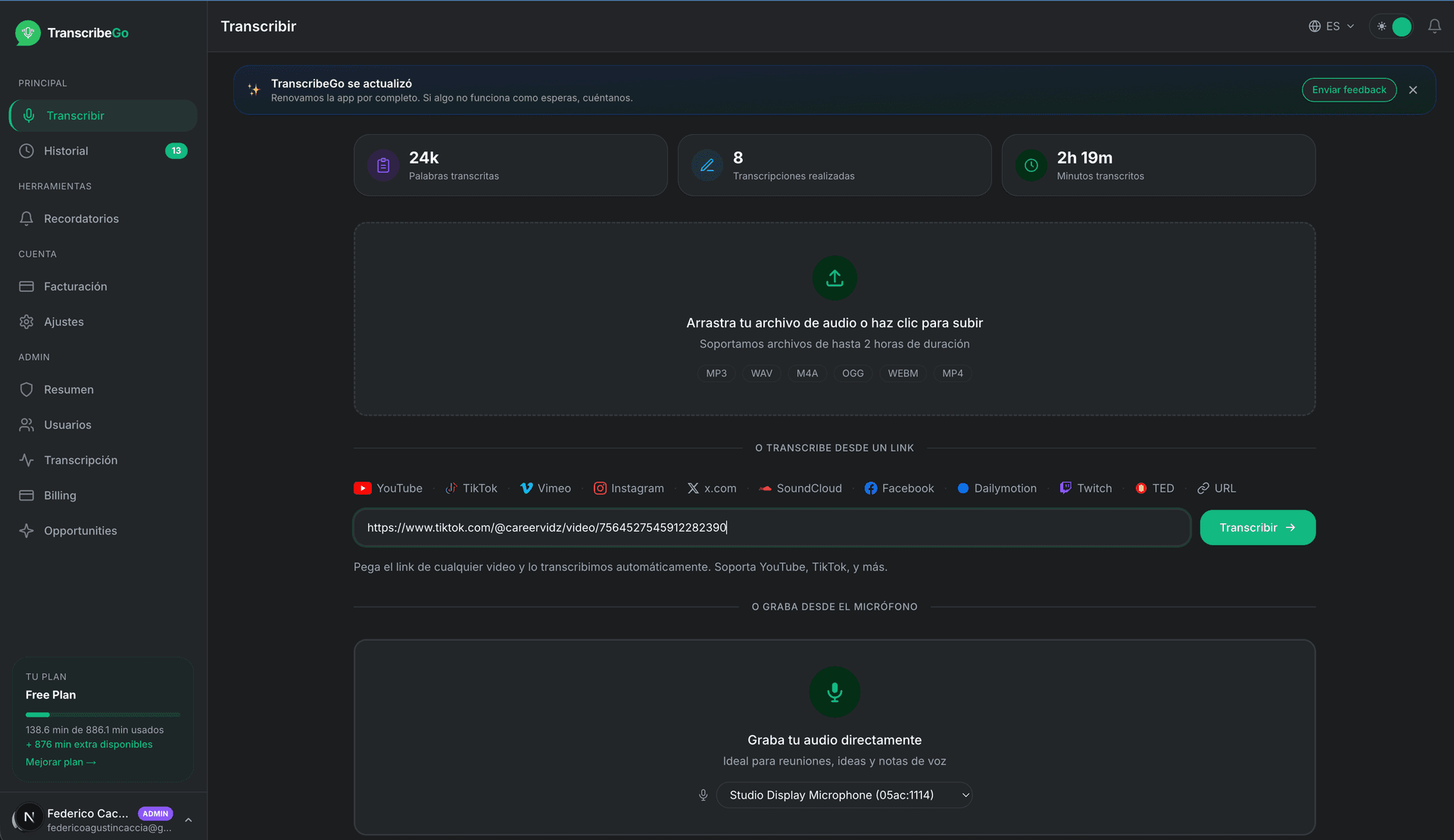 Pasting a TikTok URL into the TranscribeGo transcription input field