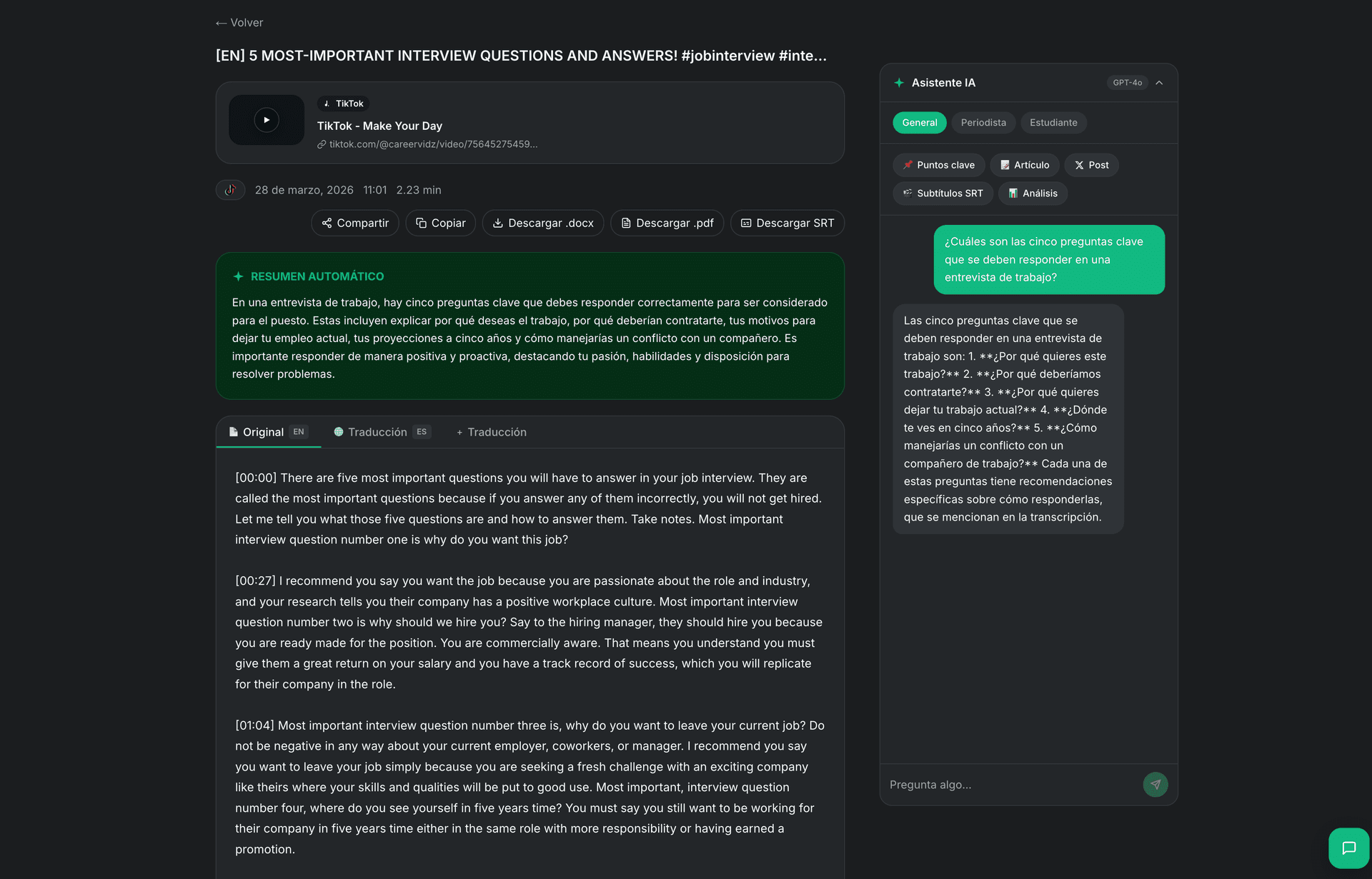 TranscribeGo result page showing a TikTok video transcription with AI summary
