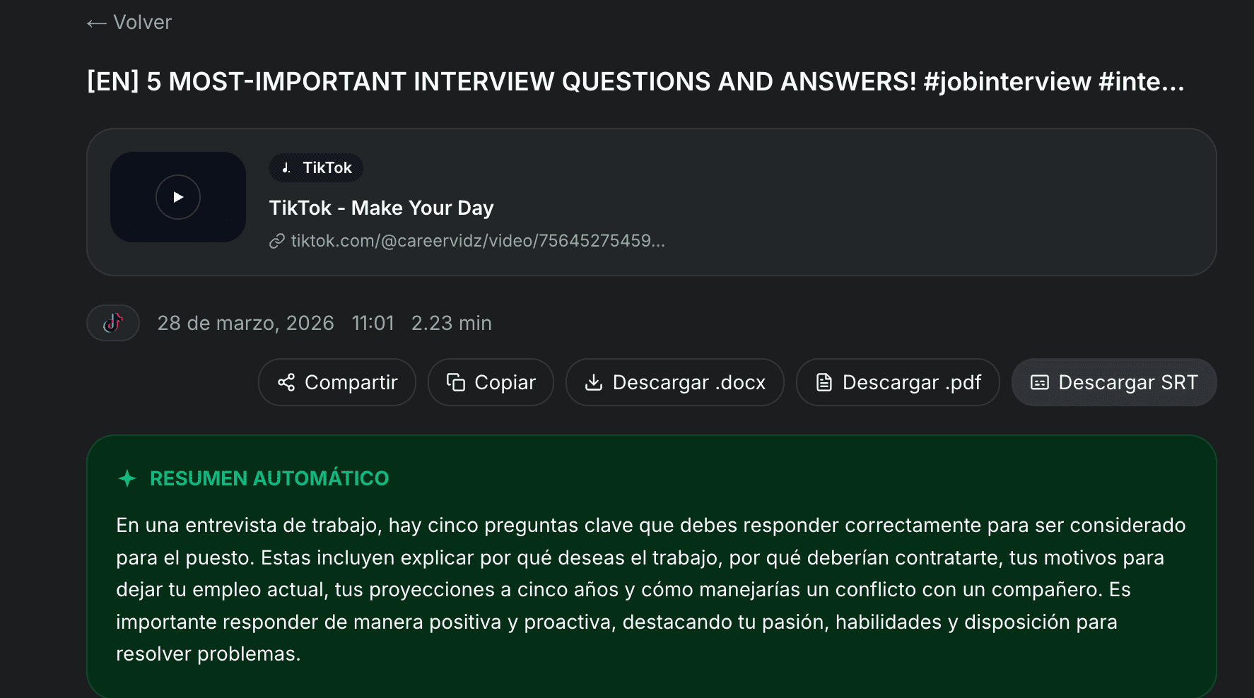 Download options for the TikTok transcription including SRT subtitles and copy text