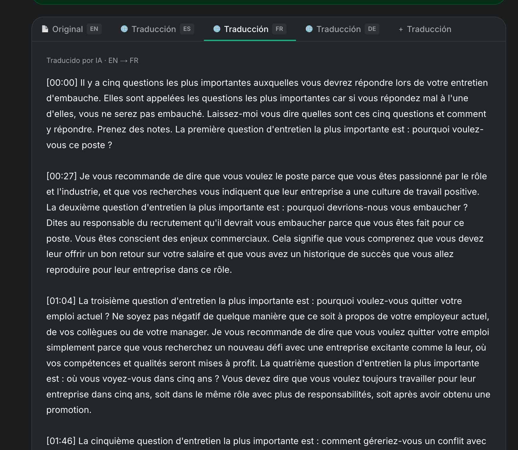 TranscribeGo translation feature showing a TikTok transcript translated to another language