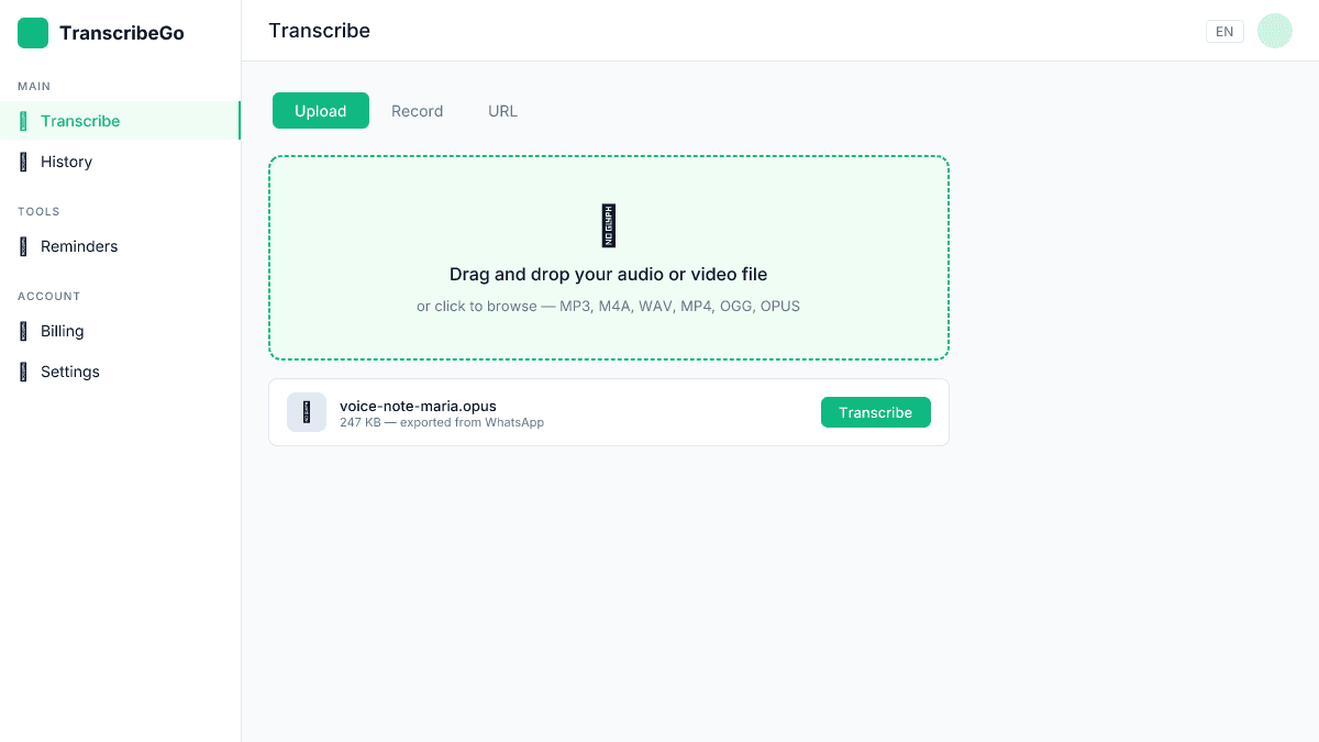 TranscribeGo web app upload interface showing drag and drop zone for audio files