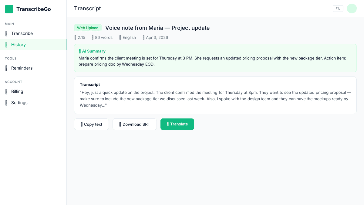 TranscribeGo transcript result showing original text, summary, and export options