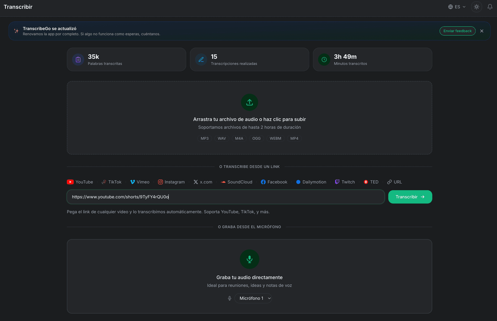TranscribeGo main screen with a YouTube URL pasted