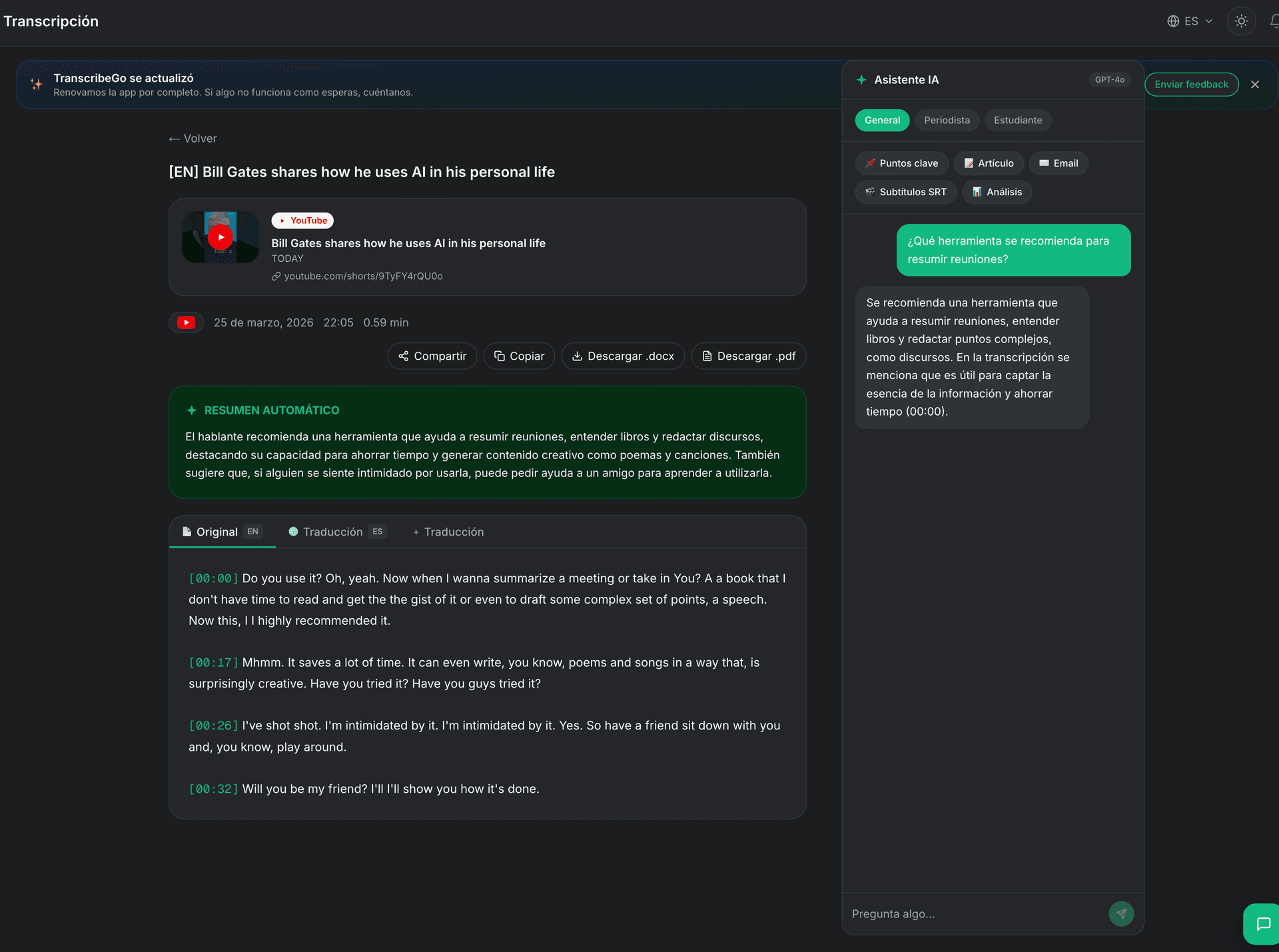 Completed YouTube transcript with download options