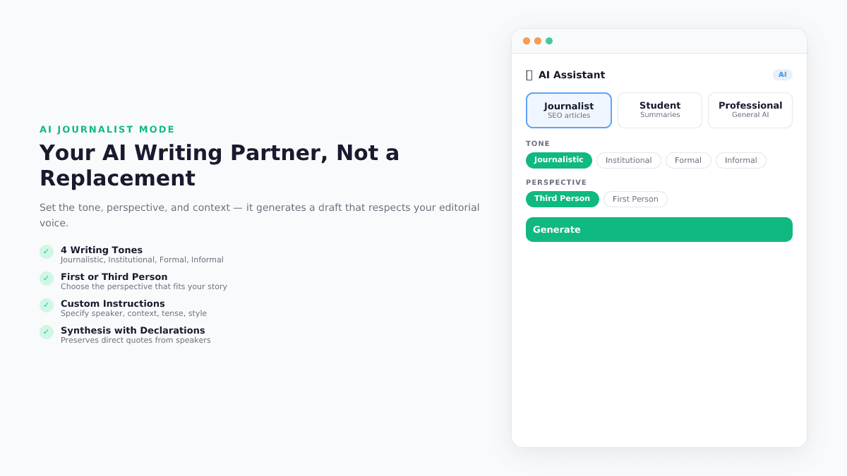 TranscribeGo Generate News Article form with Journalistic tone selected, Third person perspective, and custom instructions field
