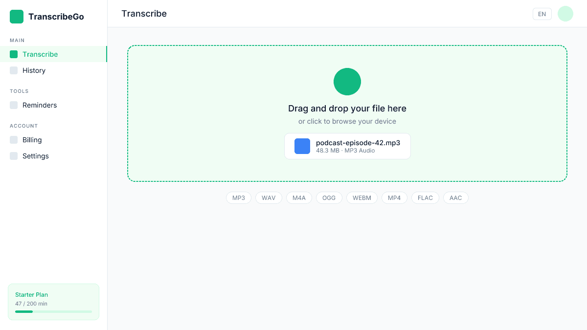 TranscribeGo upload interface with a podcast MP3 file being dragged into the upload area