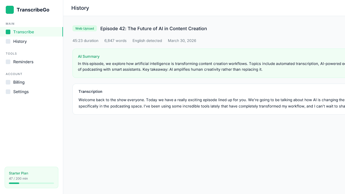 TranscribeGo showing a completed podcast transcript with full text and AI summary