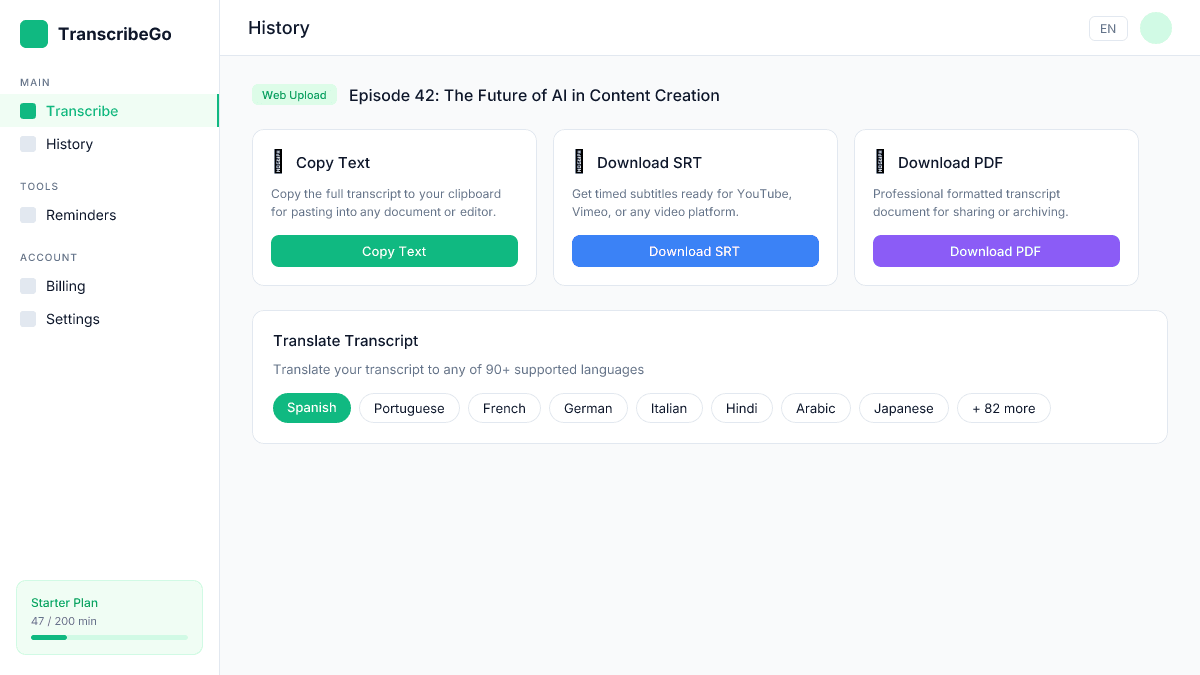 TranscribeGo export options showing copy text, download SRT, and translation features