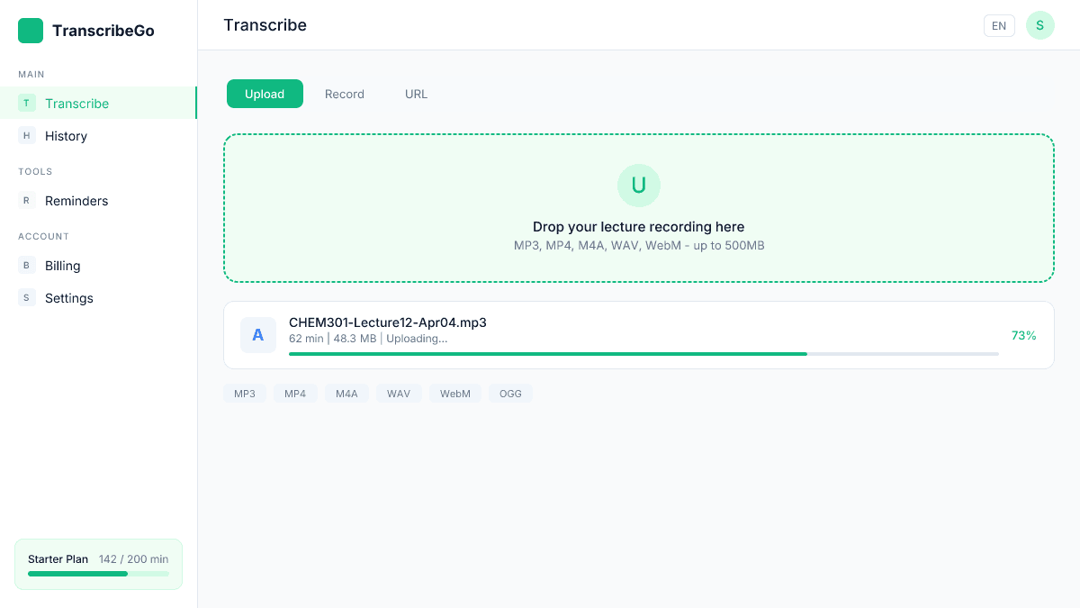 TranscribeGo upload interface showing a lecture audio file being uploaded