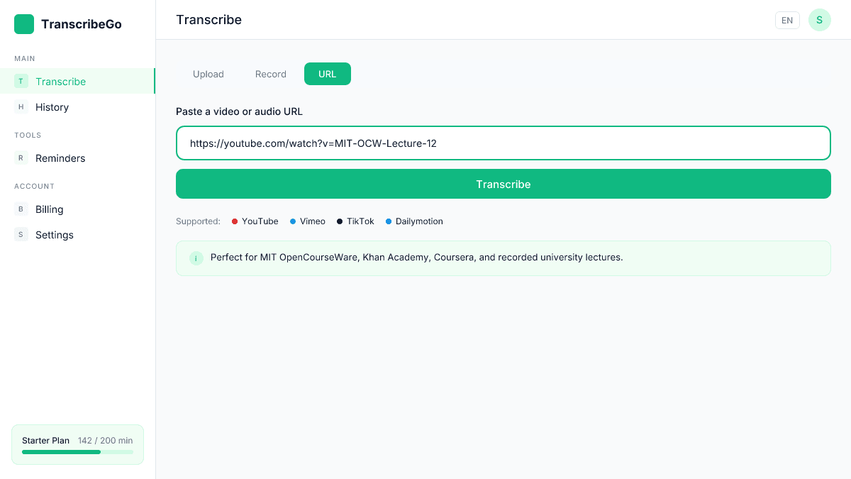 TranscribeGo URL transcription tab with a YouTube lecture URL pasted
