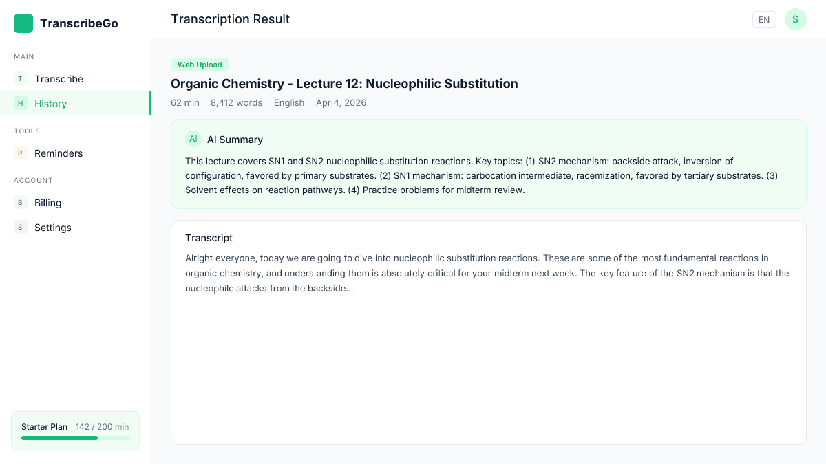 TranscribeGo transcript result showing AI summary and full text for a lecture