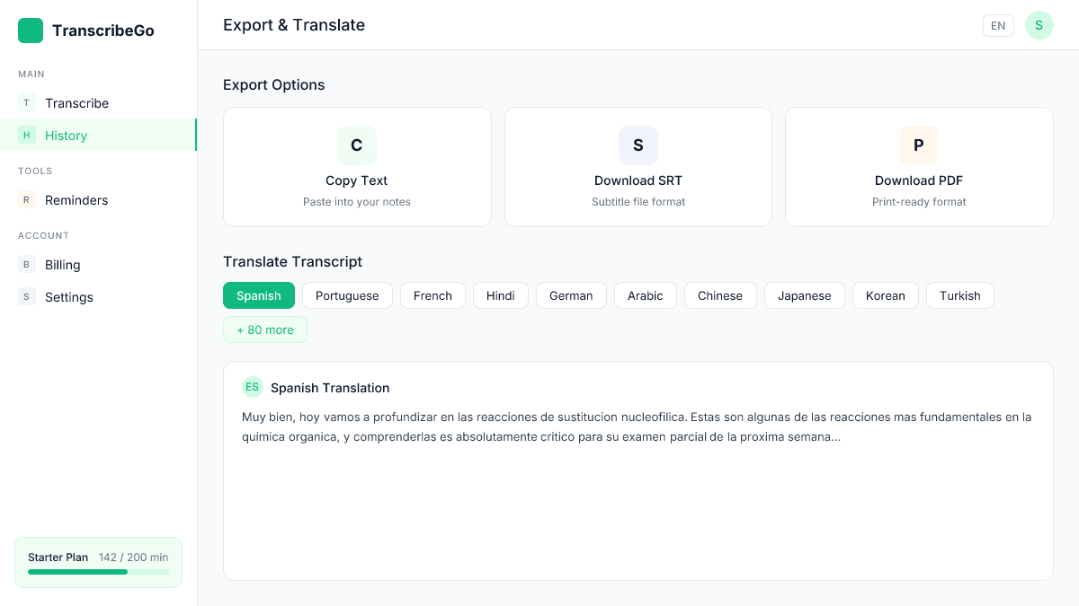 TranscribeGo export options showing copy, SRT download, and translation