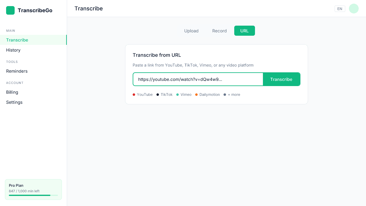 TranscribeGo URL transcription interface with YouTube, TikTok, and Vimeo support