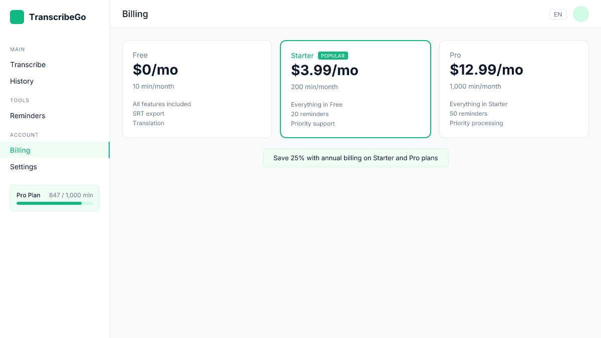 TranscribeGo pricing page showing Free, Starter, and Pro plans