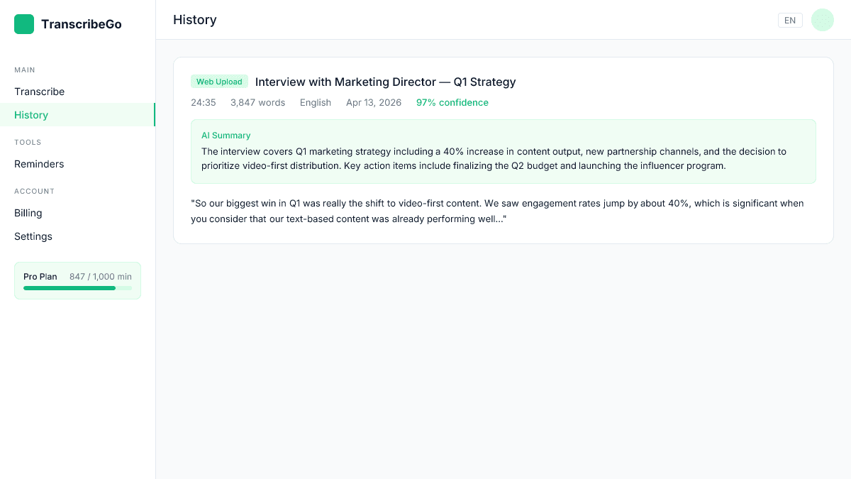 TranscribeGo transcription result with high accuracy and AI summary