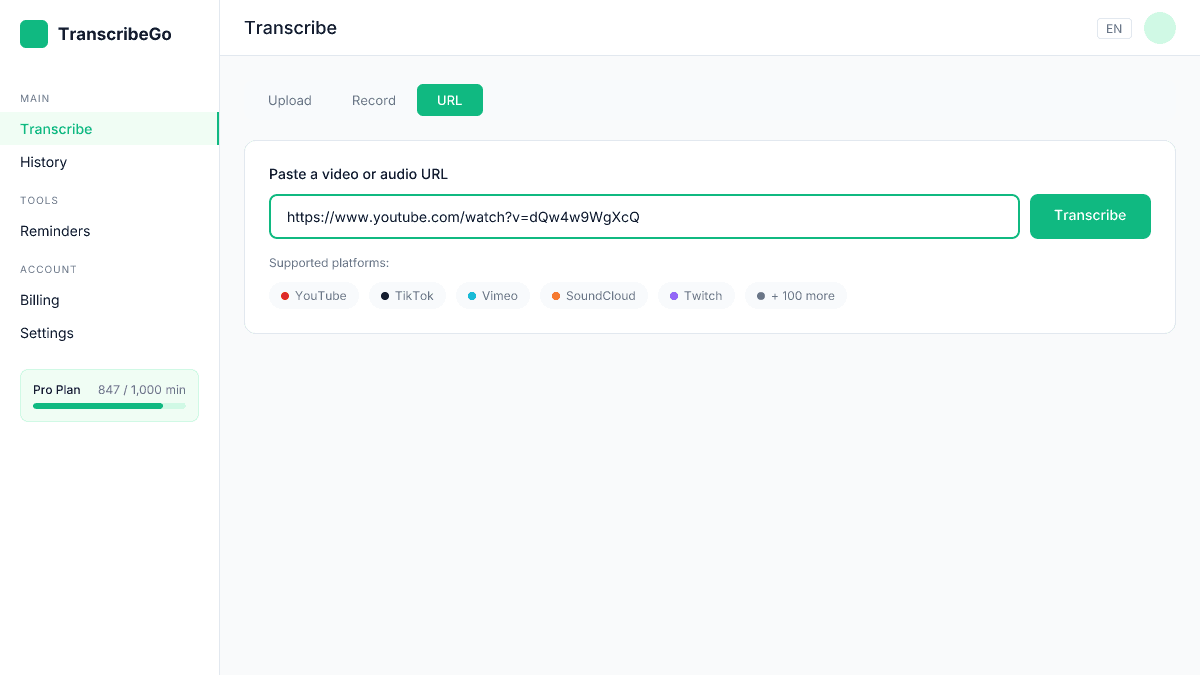 TranscribeGo URL transcription feature with YouTube video link