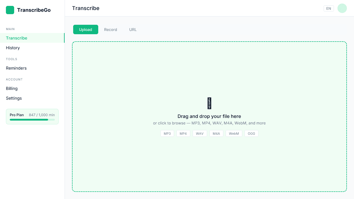 TranscribeGo clean upload interface with drag-and-drop zone