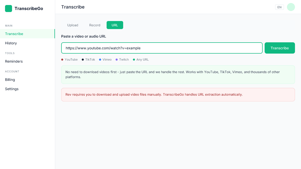 TranscribeGo URL transcription feature showing YouTube link input