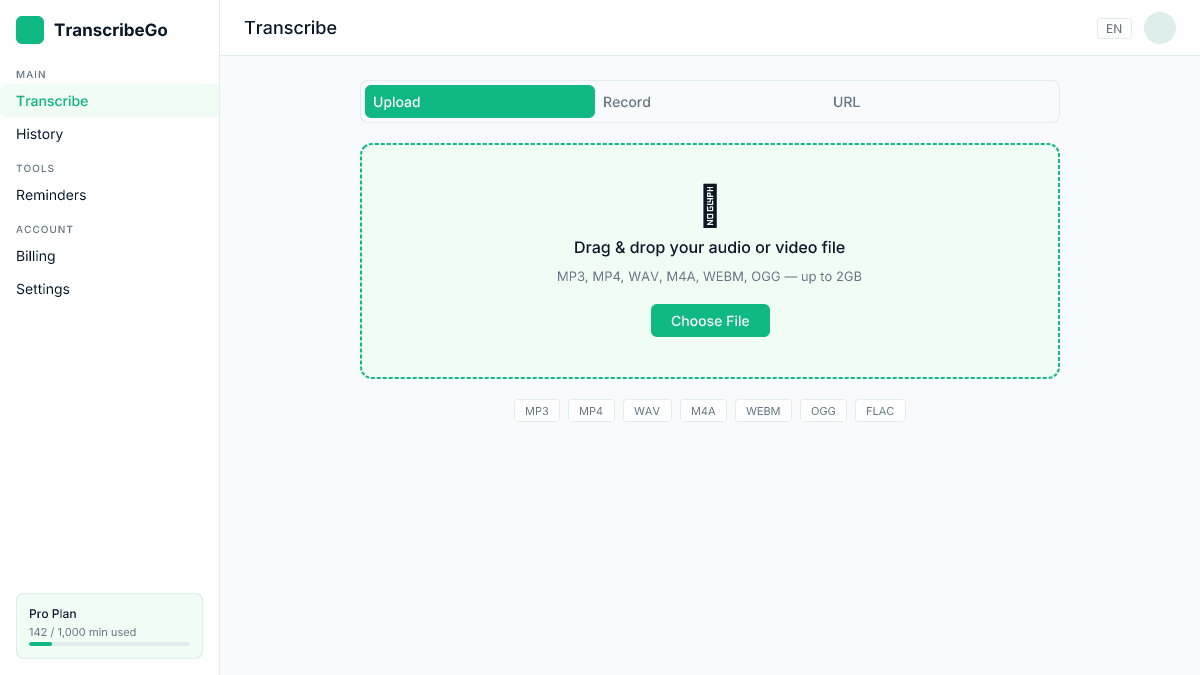 TranscribeGo upload interface showing drag-and-drop zone, recording option, and URL input