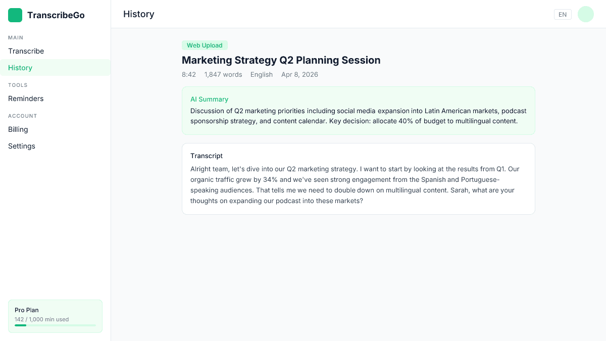 TranscribeGo transcript result showing detected language, word count, duration, and AI summary