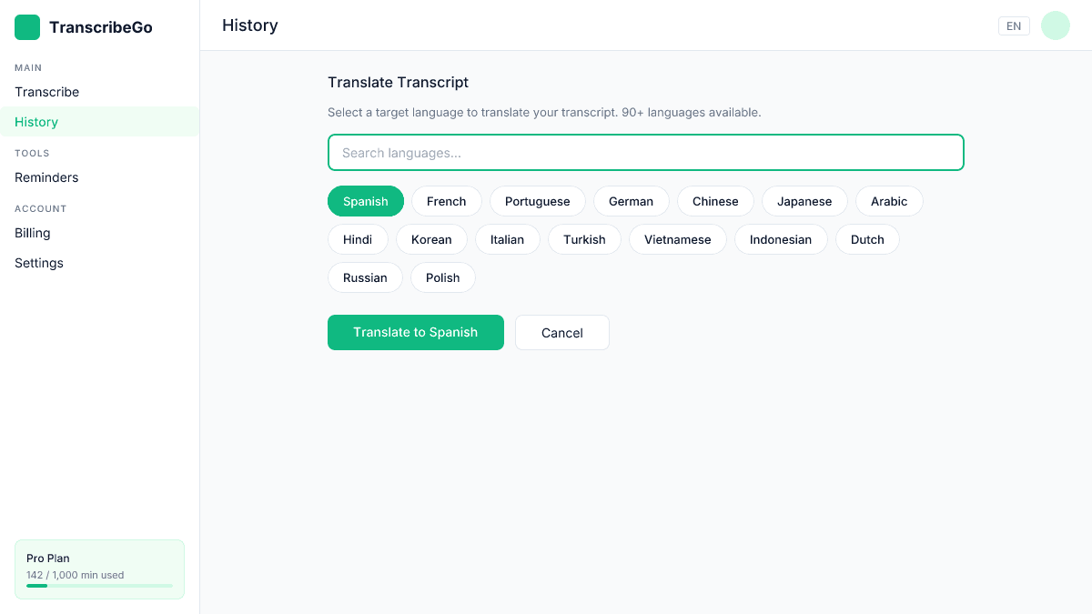 TranscribeGo language selection panel showing chips for Spanish, French, Portuguese, German, and more