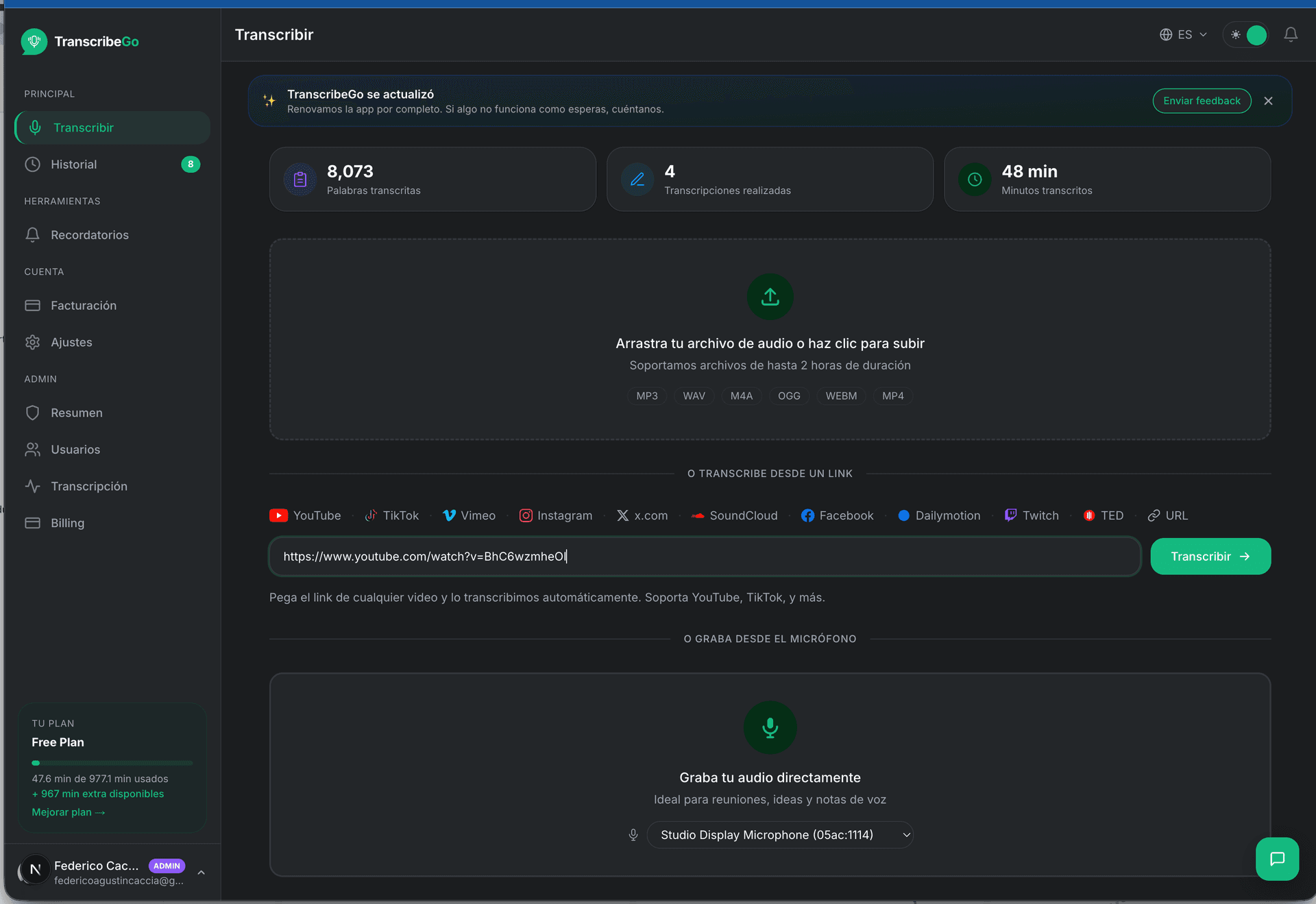 Paste a video URL into TranscribeGo to start transcription