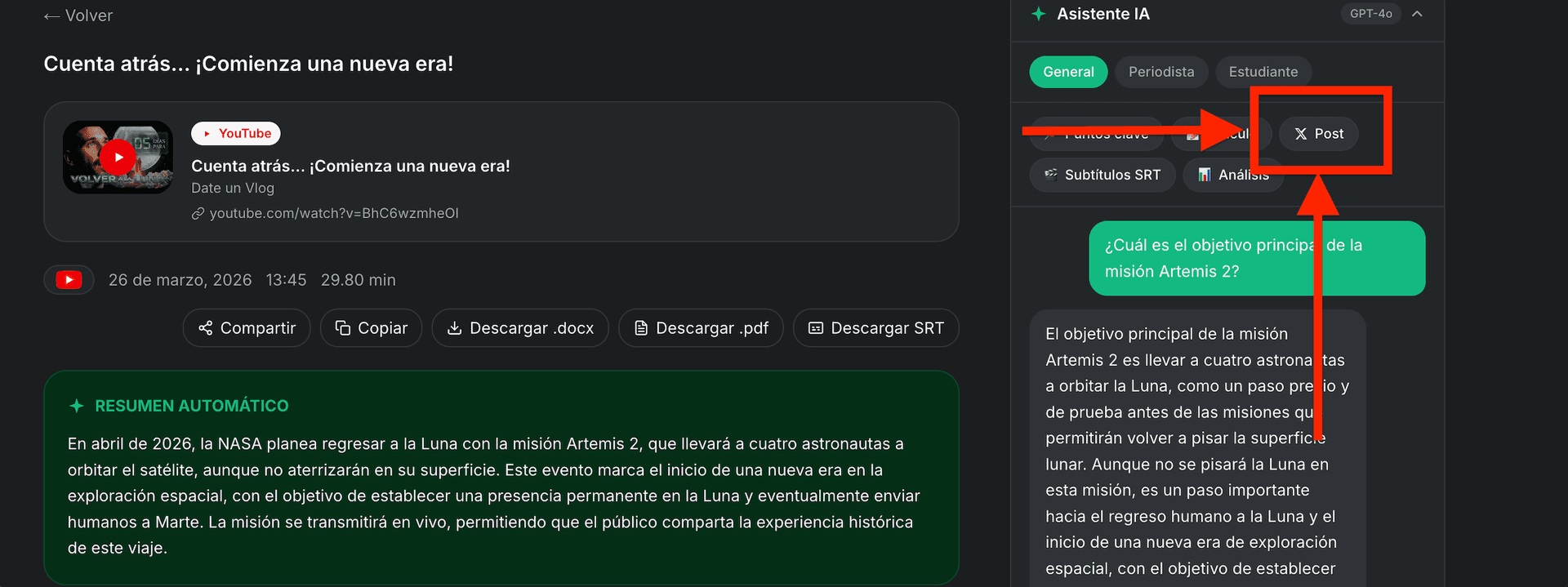 Transcription result page showing the AI summary and the X Post button