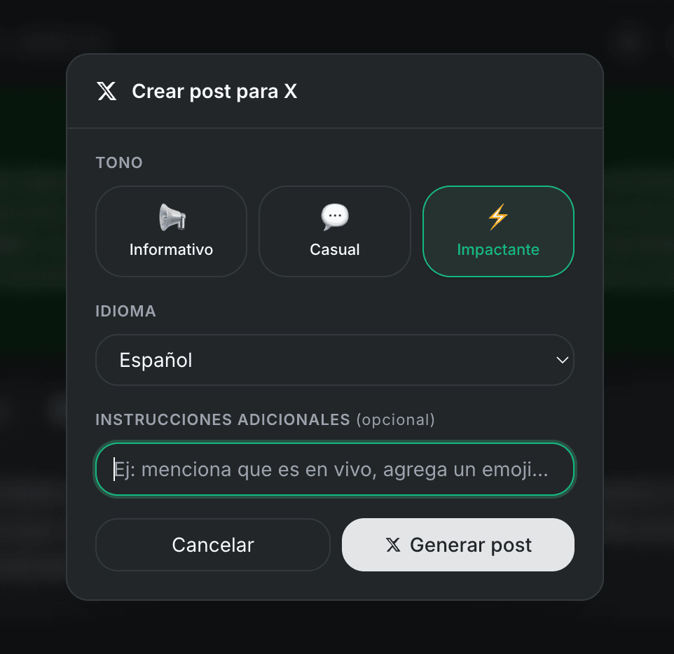 Post generator modal with tone, language, and instruction options